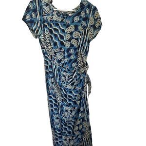 American Vintage Maggie Lawrence 100% Rayon Blue Aztec‎ Midi Dress Sz Small